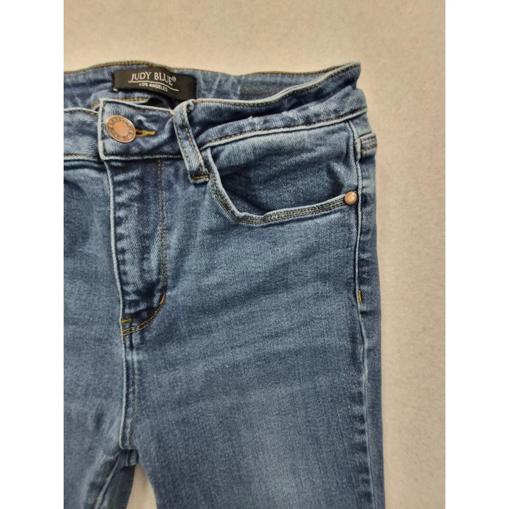 Judy Blue High Rise Skinny Jeans Women's 29 Blue Frayed Shark Bite Hem